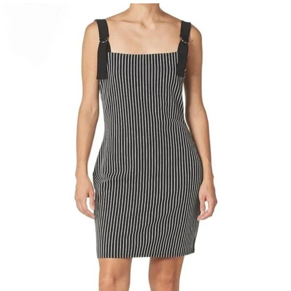 BCBGeneration: Black/White Striped Bodycon Mini Dress with D-Ring Straps